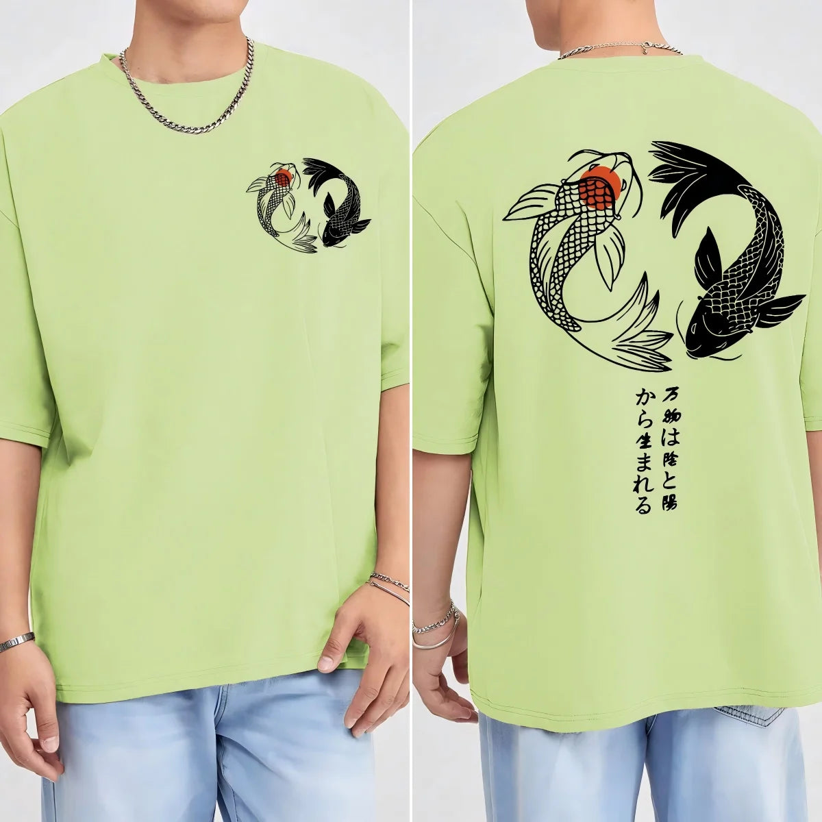 Japanese Koi Harajuku Illustration Pattern T-Shirt Men Summer Casual T Shirt Soft Fashion Short Sleeve Loose Cotton Sportswear