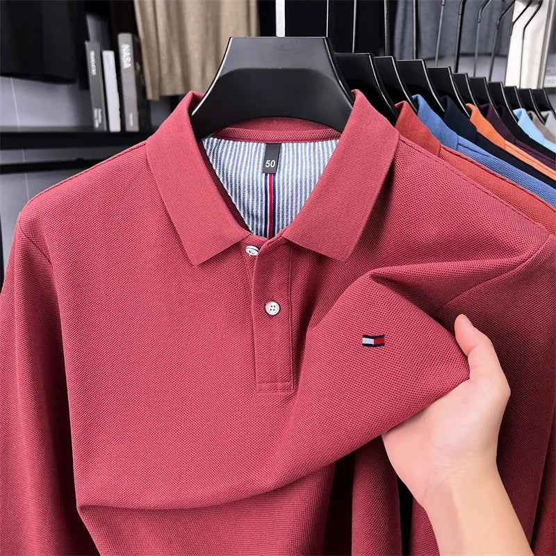 Exquisite Embroidered 100% Cotton Men's Polo Shirt High End Brand Autumn Business Trend Long Sleeve Lapel T-shirt Men's Clothing