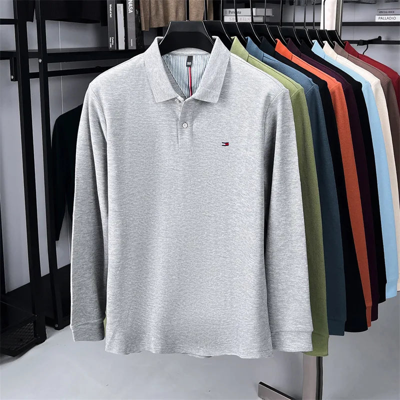 Exquisite Embroidered 100% Cotton Men's Polo Shirt High End Brand Autumn Business Trend Long Sleeve Lapel T-shirt Men's Clothing