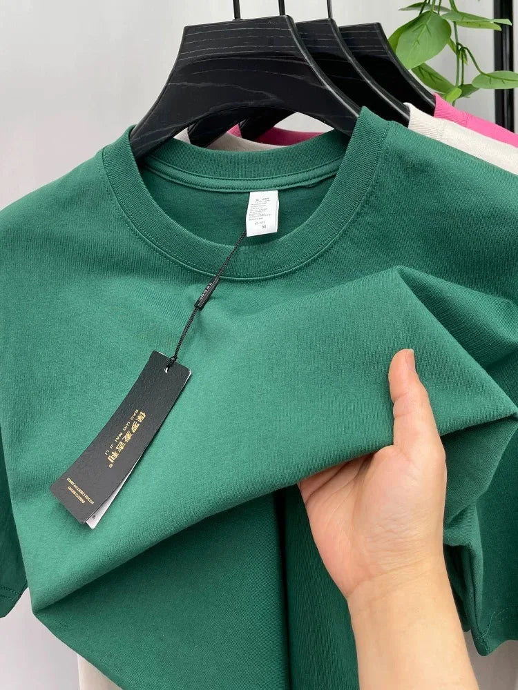 High end 100% cotton short sleeve T-shirt men summer new casual trend couple style loose solid color breathable round neck top