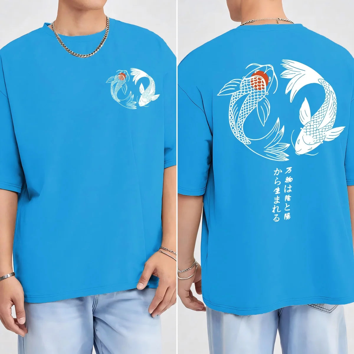 Japanese Koi Harajuku Illustration Pattern T-Shirt Men Summer Casual T Shirt Soft Fashion Short Sleeve Loose Cotton Sportswear