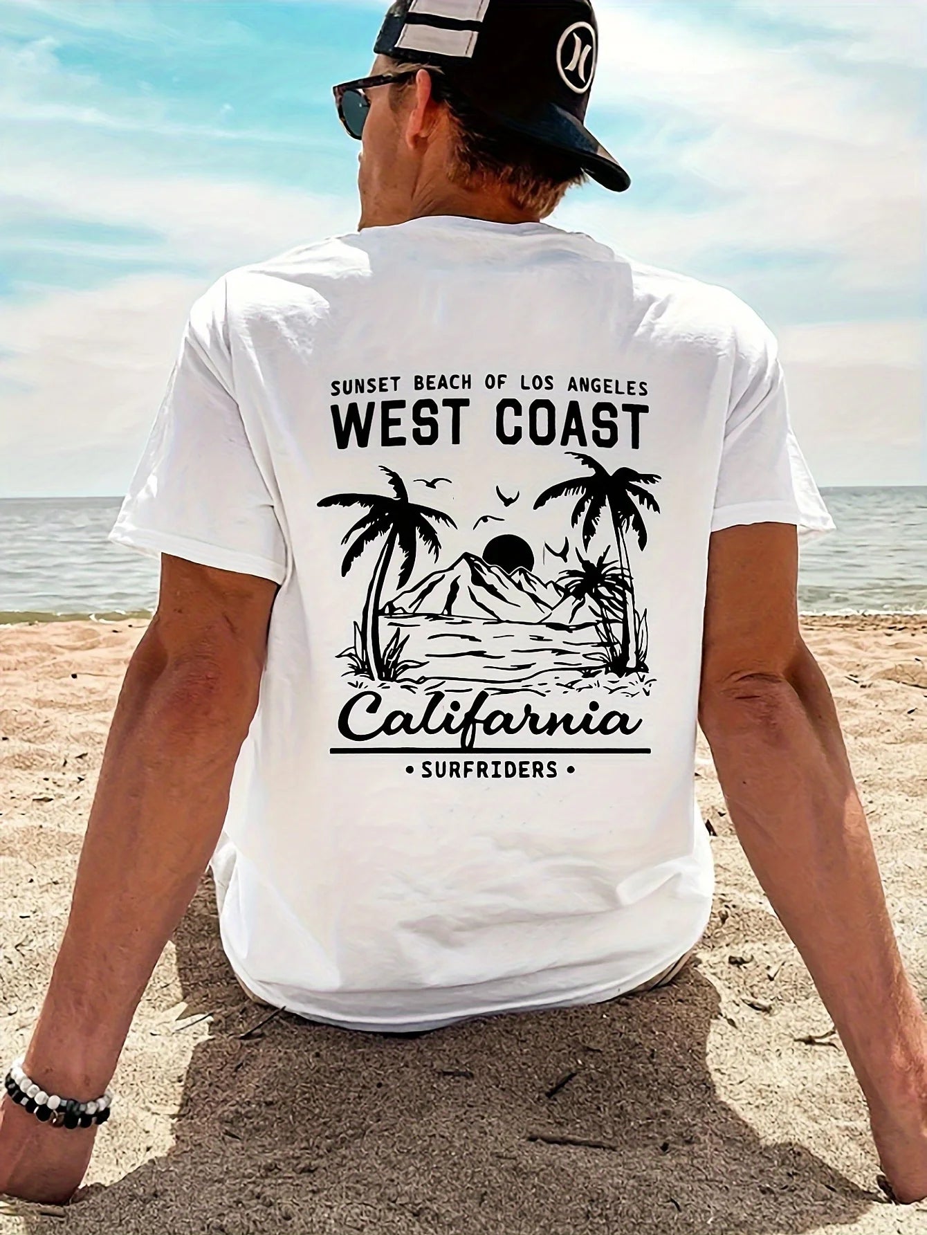 Summer Men's Cotton Vintage California Beach Graphic T-Shirt Sunset West Coast Surf Design Short Sleeve Round Neck Casual Tee